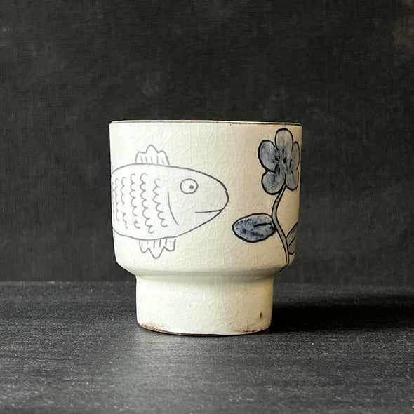 Fish and Blue Flower Pattern White Teacup #13a