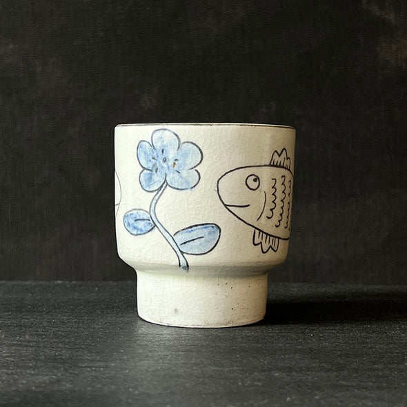 Fish and Blue Flower Pattern White Teacup #13a