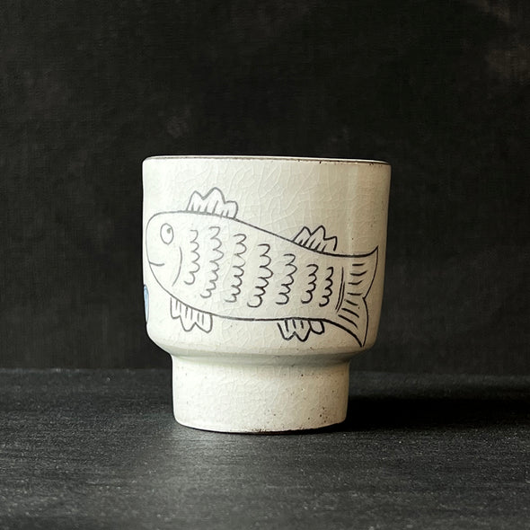 Fish and Blue Flower Pattern White Teacup #13a
