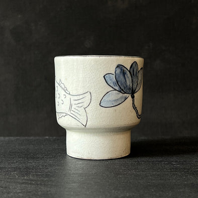 Fish and Blue Flower Pattern White Teacup #13b