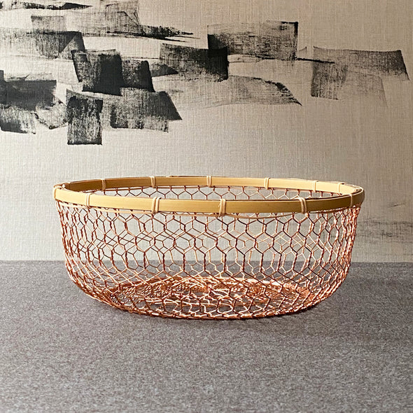 Hand Woven Copper Basket with Bamboo Trim