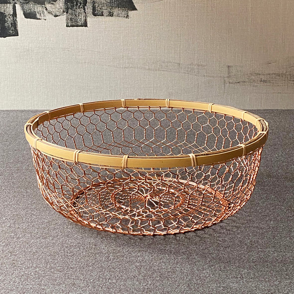 Hand Woven Copper Basket with Bamboo Trim